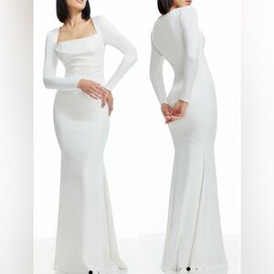NEW Dress The Population Dolores long sleeves Stretch-satin Gown Sz S White